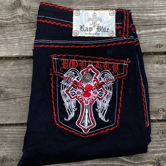 Vintage Triple Contrast Stitch Raw Blue Reflex Embroidered Jeans Size 11/12 Y2K - Picture 1 of 9